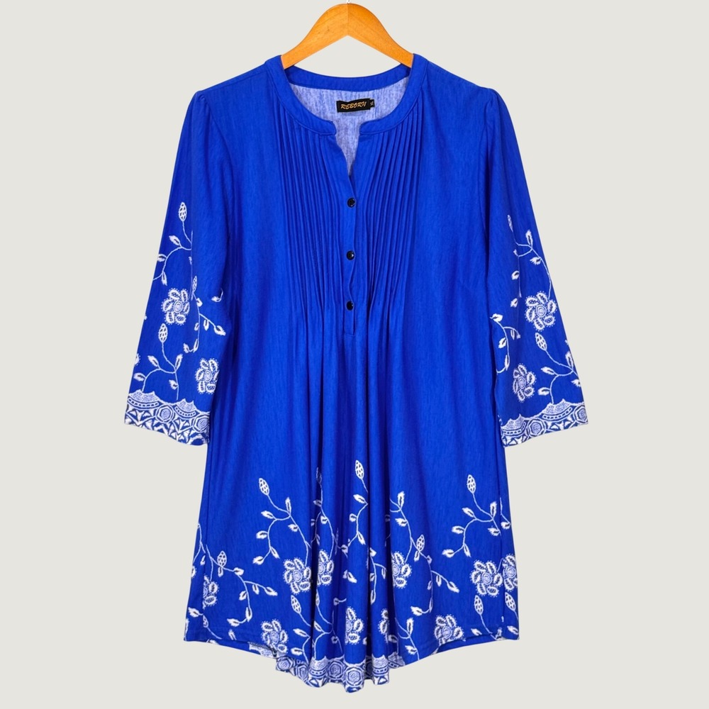 Reborn Tunic Top Women XL Blue Floral Embroidered Pleated Boho 3/4 Sleeve Blouse